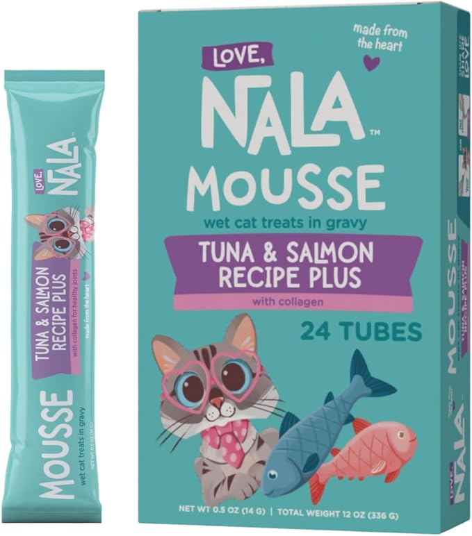 LOVE, NALA Skin & Coat Health – Tuna & Salmon + Collagen Mousse Cat Treats – Lickable Squeeze-Up Puree, Topper or Treat – Grain-Free, 24 Pack – Human-Grade Protein, Non-GMO, No Artificial Additives