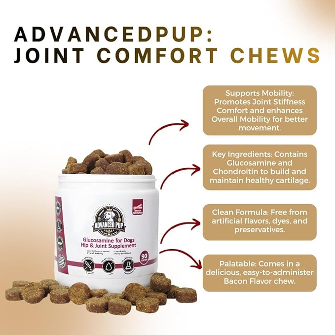 Hip and Joint Supplement - Natural Glucosamine Chondroitin MSM & Turmeric for Dogs - Dog Hip & Joint Care to Heal Dog Joint Stiffness & Inflammation - Tasty Bacon 90CT
