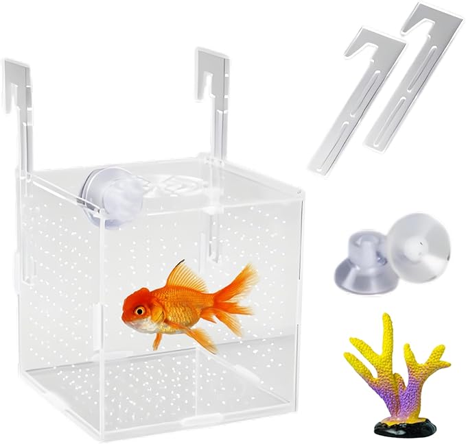 Acrylic Fish Breeding Box for Tank, 5.9×5.9×5.9in Fish Breeder Box for Aquarium with Suction Cups, Aquarium Breeding Box with Coral for Small Baby Fishes Shrimp Clownfish
