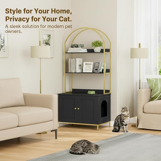 Homhedy Cat Litter Box Enclosure, Litter Box Furniture Hidden with 2-Tier Storage Shelves, Wooden Cat Washroom Furniture with Metal Frame, Modern Style, Black and Gold