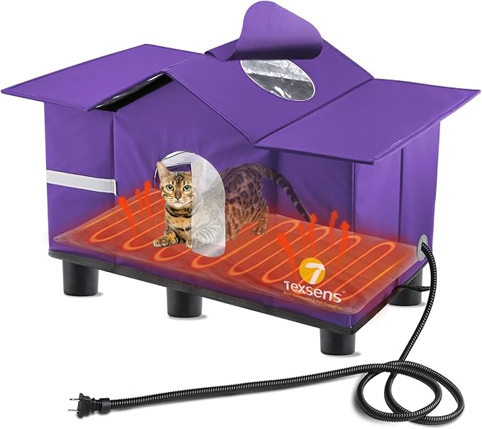 Texsens Heated Cat House for Outside Winter - Weatherproof Large Outdoor Cat Shelter with Roof Window- Insulated Elevated House for Stray/Barn Cats - Ideal Waterproof Feral Cat House (Heated-Purple)