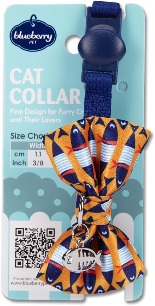 Blueberry Pet Timeless Navy Blue Cat Collar with Bells, Chic Fish Print, Handmade Bow Tie, Christmas Cat Collar, Adjustable 9"-13", Eco-Friendly, PRECIOSA Crystal, Gift for Cat Lovers