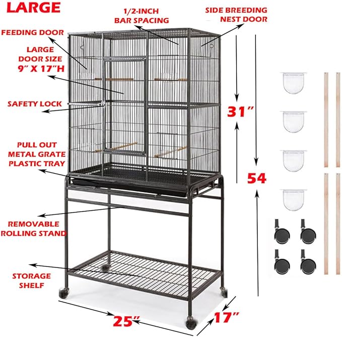 54" Pet Products Large Wrought Iron Breeder Bird Flight Cage Side Breeding Nest Doors with Removable Rolling Stand