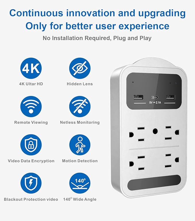 160° Wide Angle 4K HD Charger Camera,Security Indoor Camer a,Outlet Cameras,Nanny Camera for Home/Office/Pet/Indoor,Camera Outlet with Motion Detection,Pet Monitor Cameras (CAM WHH)