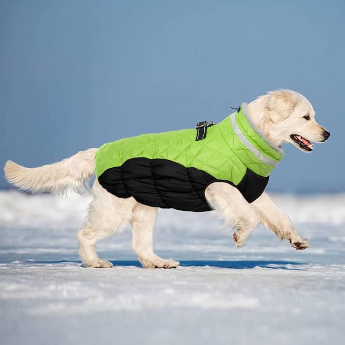 Lelepet Dog Coat Warm Dog Winter Coat Waterproof Dogs Jacket with Harness Built in Reflective Pet Fleece Vest Zip-Up Cold Weather Coats for Large Dogs Turtleneck & Windproof Coats Boxer Lime XL