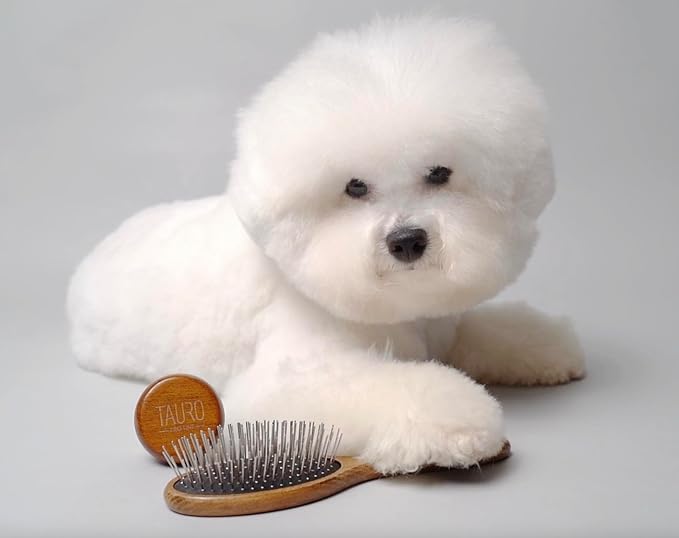 Tauro Pro Line Wooden Brush for Dogs & Cats, Deshedding, Dematting & Detangling Grooming Tool for All Coat Types, Gentle Massage with Rounded Tip Pins, Oval Flexible Cushion, Natural, Medium Size (M)
