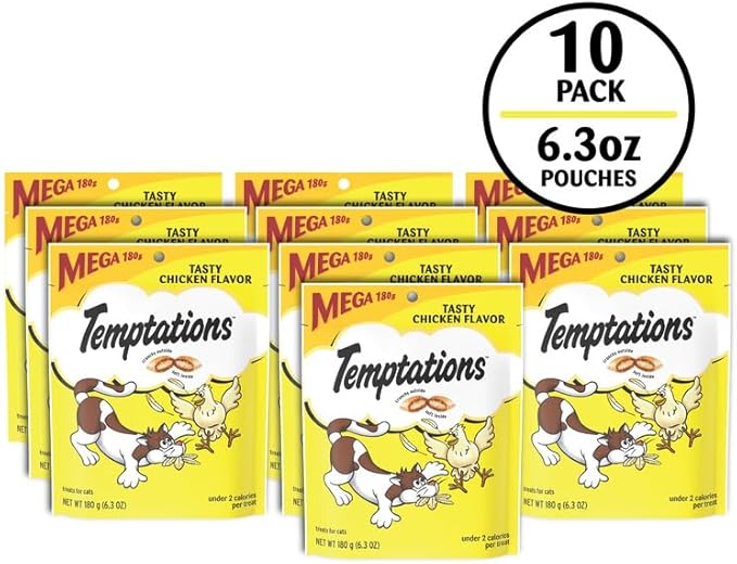 Temptations Cat Treats Classic Crunchy and Soft Cat Treats, Tasty Chicken Flavor, 6.3 oz. Pouch (Pack of 10)