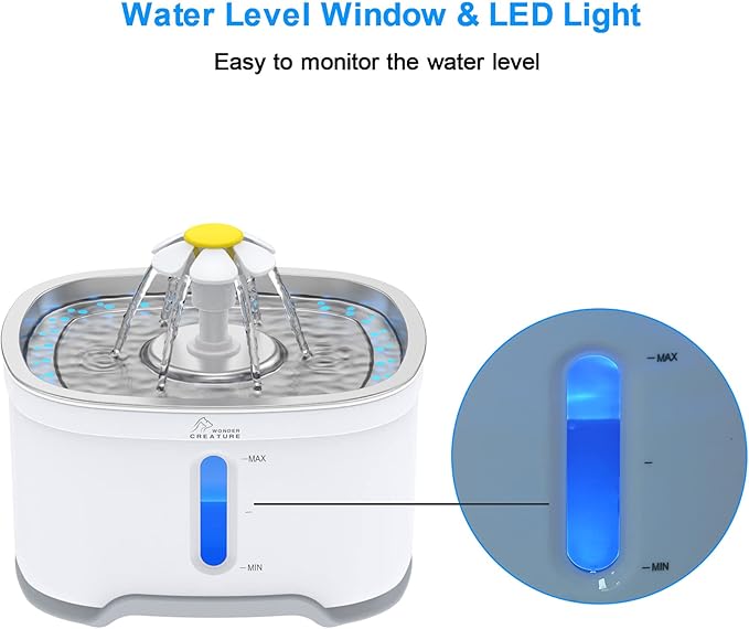 Wonder Creature Cat Water Fountain Stainless Steel, 84oz/2.5L Automatic Pet Water Fountain with Water Level Window and LED Light for Water Shortage Alert