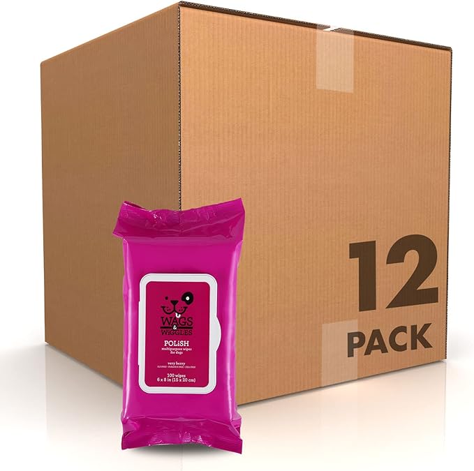 Wags & Wiggles Polish Multipurpose Wipes for Dogs, Very Berry Scent - Scented Dog Wipes Clean & Condition Your Dog's Coat Without A Bath, 100 Count - 12 Pack