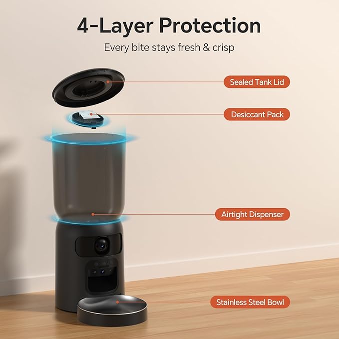 Automatic Cat Feeder with Dual 2K Camera, 5G WiFi with Night Vision, Cat Food Dispenser with App Controlled Pet Feeder, 2-Way Audio, Pet Feeder for Vacation & Work, Freshness Seal, Black
