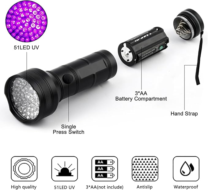 Pocketman UV Flashlight Black Light, 51 LED 395 nm Blacklight, Pet Urine Detector for Dog/Cat Urine, Dry Stains