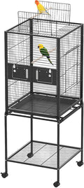63 Inch Bird Cage with Wooden Perches, Standing Wrought Iron Birdcage Large Parrot Flight Bird Cage with Rolling Stand Birdcages for Cockatiels African Grey Quaker Lovebird Canary Budgie Finch Black