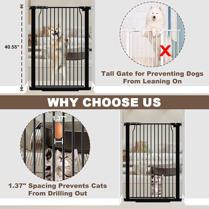 40.55" Walk Through Extra Tall Wide Baby Gates, 74.1"-76.7" Black Pressure Mounted Dog Gates