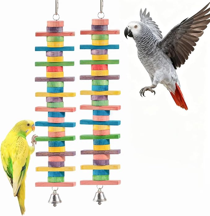 2 PCS 14.37" Multicolored Bird Toys - Stress Relief Chew Parrot Toys, Natural Wooden Blocks, Hanging Bird Cage Accessories, for Parakeets Cockatiels Conures Budgies African Grey Macaws Amazon Parrots
