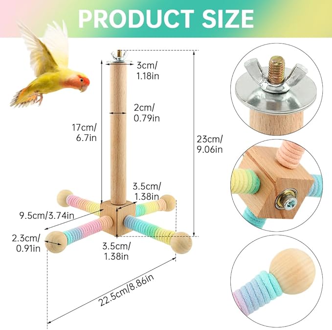 Spinning Bird Perch Toy, Interactive Wooden Exercise Stand with 4 Rotating Perches for Parakeets, Budgies, Cockatiels, Conures & Small Medium Parrots(Colorful,Size:/)