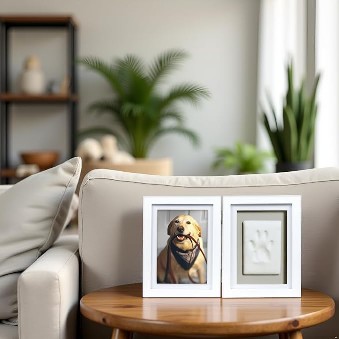 Pearhead Pet Paw Print Memorial Frame with Clay Imprint Kit, Dog & Cat Pawprint Keepsake Wood Photo Frame, DIY No Bake Paw Print Kit, 4x6 Picture Display, White