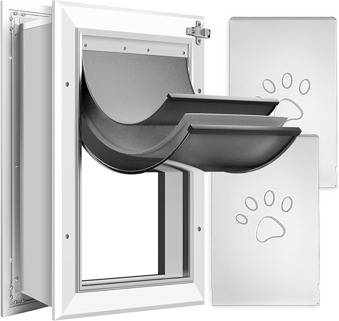 [Petoasis] 3-Flaps Dog Door for Wall, Rust Proof Aluminum Alloy Frame, Extreme Weather Dog Door Can Block Wind, Snow, and Rainwater Intrusion (Silvery White, Meduim for Wall)