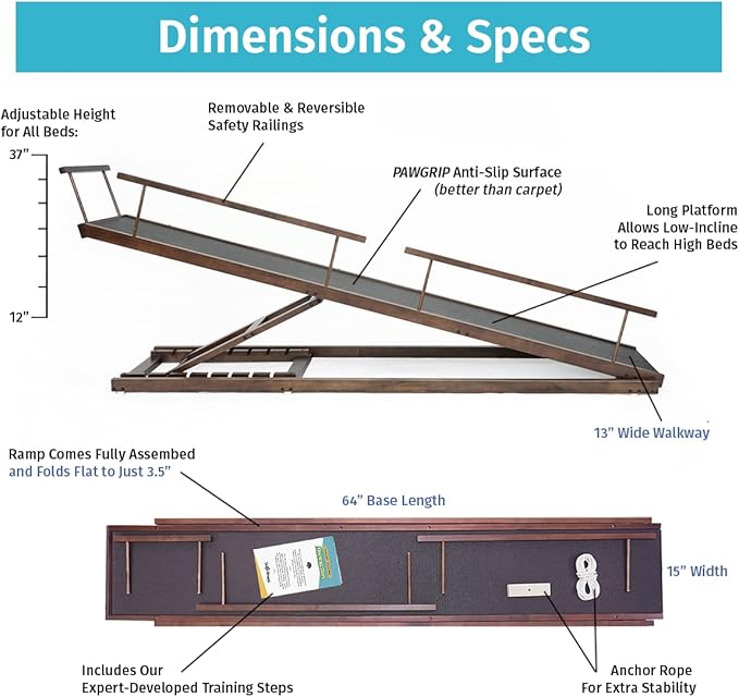 DoggoRamps Dog Ramp for Beds - Solid Hardwood with 5 Finish Options - Adjustable up to 37" High Beds with Low Incline, Safety Rails & Anti-Slip Grip, For Small Dogs up to 50lbs - Made in North America