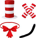 4 Pcs Cat Costume with Red and White Stovepipe Hat Bow Tie Gloves Tail Fit World Book Day Halloween Cosplay Party Costume Accessories