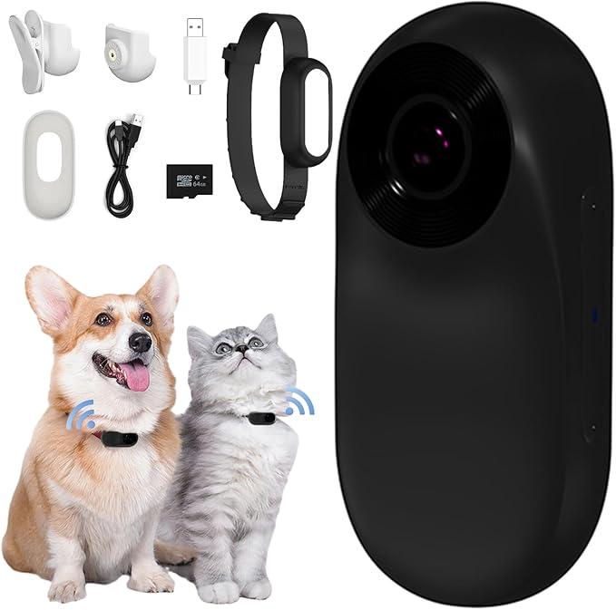 MANON ROSA Pet Collar Camera, Mini Action Camera with 64G SDCard, HD1080P Wireless Dog Cat Collar Camera for Video Records Tracker Monitor, Supports USB& OTG Connection (Black)