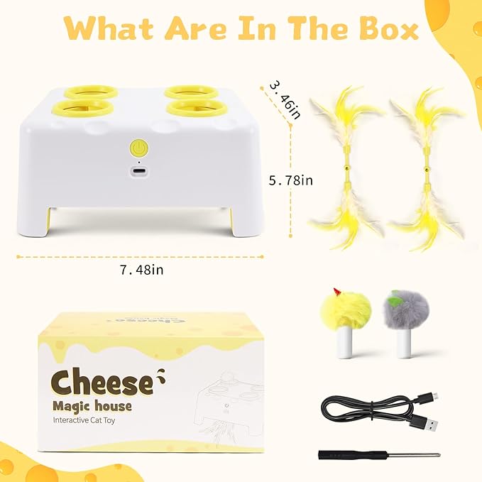 Interactive Cat Toy for Indoor Cats, 3 Modes Feathers Toy, Rechargeable 4 Holes Mole Cat Toys, Cheese Box for Kitten, 4 Accessories (White)