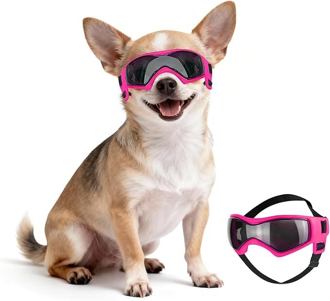 Dog Sunglasses for Extra Small Breed UV Protection Windproof XS Dog Goggles with Adjustable Head & Chin Straps for Ride Car/Hiking Travel/On Beach-Pink