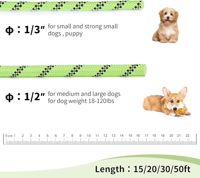 Long Dog Leash for Training 15Ft-Reflective Nylon Rope with Swivel Hook-Recall Agility Lead for Large Small Medium Dogs Outside Walking Hiking-Green