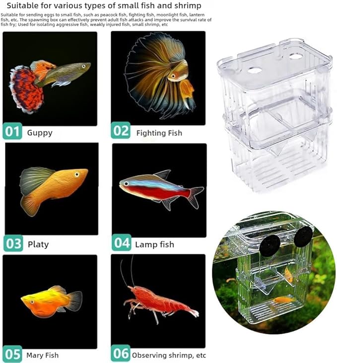 Generic Aquarium Fish Breeding Box, Acrylic Guppy Breeding Tank Hatchery Incubator, Transparent Isolation Box, 10*8*7cm/3.93*3.15*2.75inch