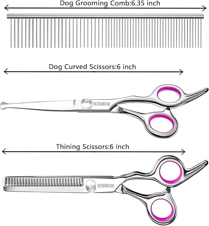 3 in 1 Dog Grooming Scissors for Dogs with Safety Round Tips, Curved Dog Grooming Scissors,Professional Pet Shears Set for Dogs and Cats, Pink