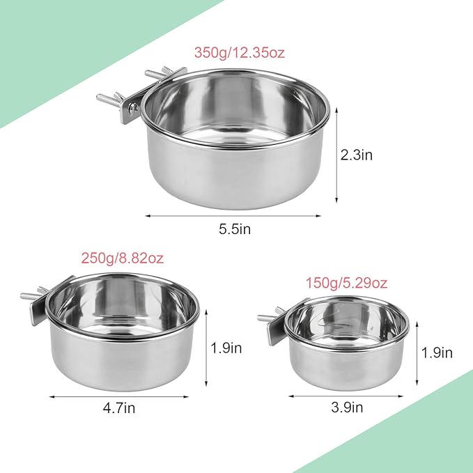 Hypeety Stainless Steel Bird Food Water Bowl Parrot Cage Accessories for Parakeet Bird Dog Cat Parrot Rabbit (Large,5.5 * 2.3in)