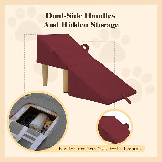 Split Ottoman Dog Ramp for Couch and Low Bed, 2-in-1 Foldable Dog Stairs for Small Dogs and Cats, Wooden Pet Ramp with Non-Slip Surface, Portable Step Stool Design, Claret