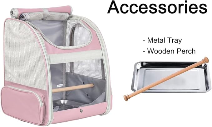Bird Carrier Backpack with Wooden Stand Perch, Vented and Breathable Bag to Carry Parakeet Cockatiel Conure Parrot (Pink, Bird Backpack)