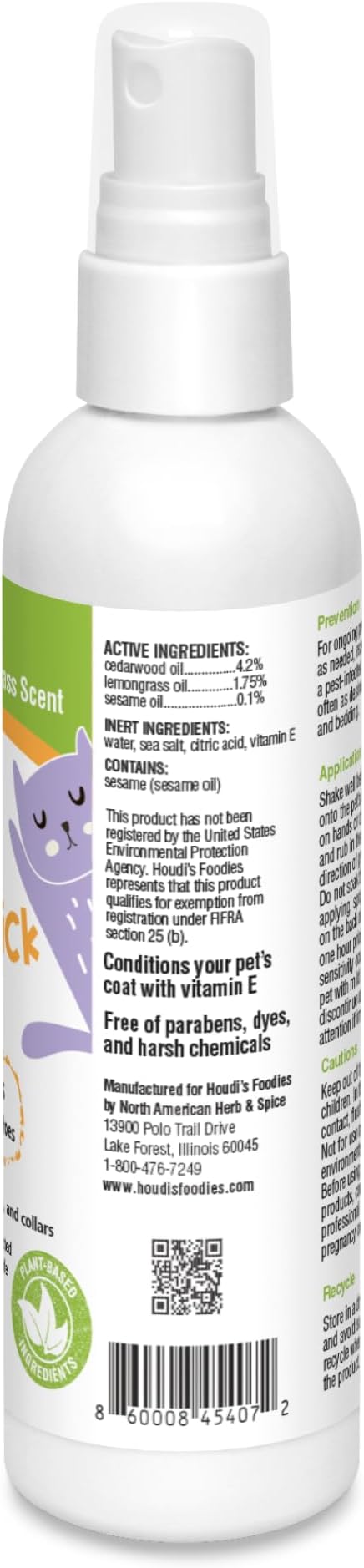 Houdi's Foodies Herbal Flea & Tick Pet Spray by North American Herb & Spice - Lemongrass Scent - 4 fl oz - Kills & Repels Fleas, Ticks + Mosquitoes - DEET-Free, Plant-Based Formula