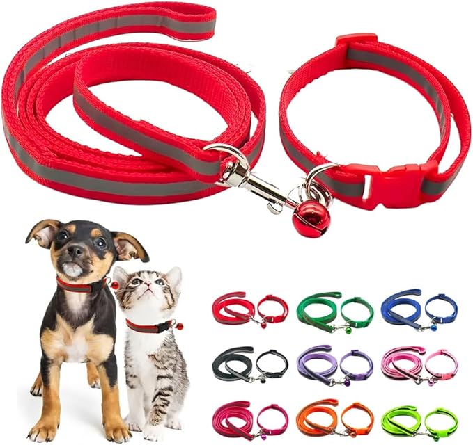 Red Dog Collar and Leash Sets for Small Dogs, Reflective Puppy Leash and Collar Adjustable Kitten Collar with Bell for Tiny Little XXS XS Extra Small Breed Pets Dogs Cats Girls Female
