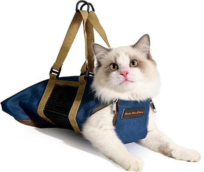 Cinf Cat Nail Clipping Cleaning Grooming Restraint Bag No Scratching Biting for Bathing Nail Trimming Injecting Examining(Tan Blue,M)
