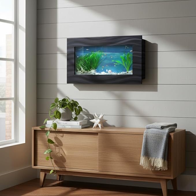 Aussie Aquariums 3.0 Wall Mounted Fish Tank Kit with LED Lighting, Built-in Filter System, Modern Space-Saving Design, Complete Accessories Set (Skyline, Black)