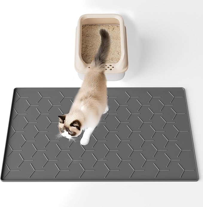 Silicone Cat Litter Mat with Raised Edges, Waterproof/Urineproof, Litter-Collecting Interior Ridges, Soft & Pet-Friendly (24"x16"-Dark Grey)