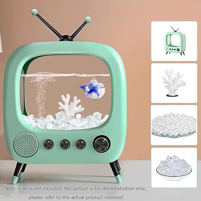 Fish Tank Mini Aquarium,Realistic TV Styling,Small Betta Fish Tank Starter Kit,Desktop Fish Bowl for Desk Display with Lights,Helping Cats Fight Depression,Green b