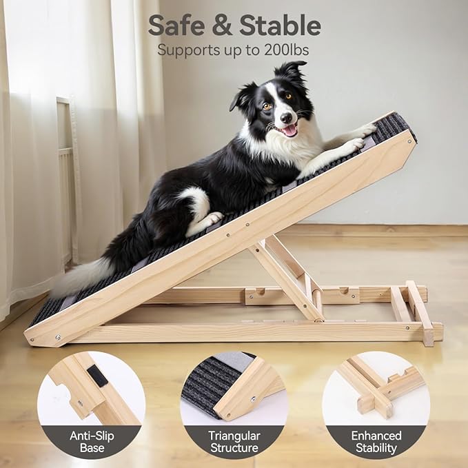 Dog Ramp for Bed, 39.4"L 16.9'' Extra Wide Wooden Dog Ramp for Couch with 4 Adjustable Heights from 15"to 23", Non-Slip Walkway & Bottom, Foldable Pet Ramp for Sofa, Bed, Car, Supports Up to 200 Lbs