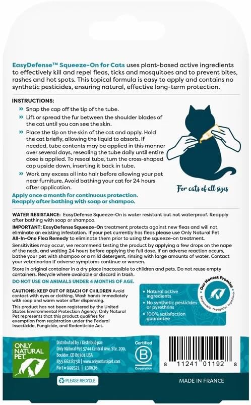 Only Natural Pet EasyDefense Natural Control Squeeze-On Drops - Plant-Based Formula for Cats Over 4 Months - Natural Topical Care Formula for Cats - Pet Health Protection - 3-Month Supply (2-Pack)