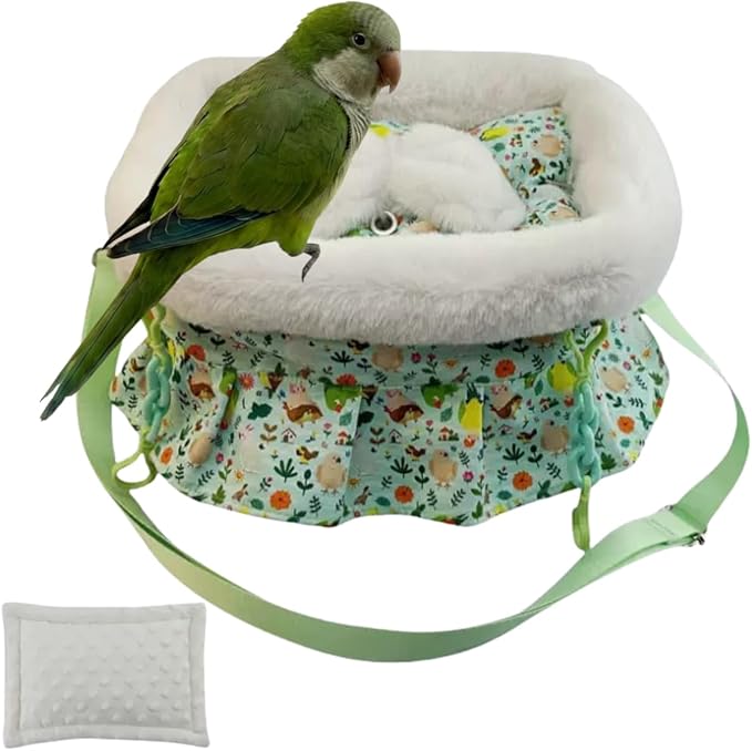 2 in 1 Warm Bird Carrier Bag, Bird Hammock Bed for Cage, Winter Travel Bag, Portable Parrot Outing Bag for Lovebird, Budgie, Conure, Quaker, Small Medium Birds (Green,Large)