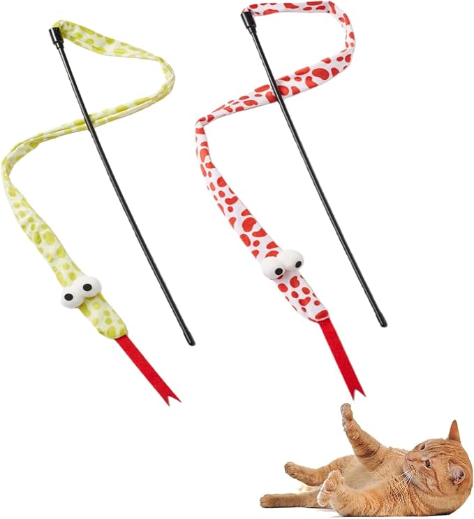 NOWFRESH Cat Wand Toy Set, 2 PCS Interactive Cat Teaser Wands with Cute Red Snake & Green Snake Designs, Equipped with Bells and Streamers to Captivate Your Cat’s Attention