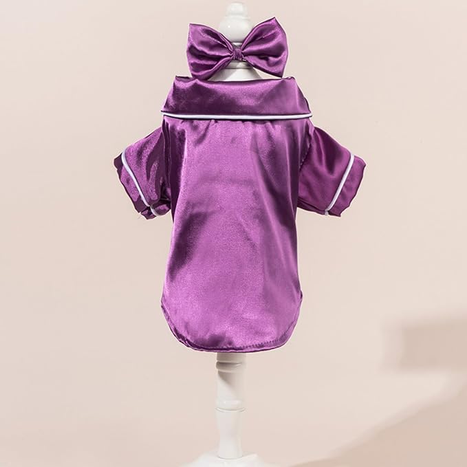 Cat Puppy Costume Elegant Satin Pajamas with Bow Headband 2PCs Set Pet Sleepwear Cute Pet Outfit Cosplay Partywear Photoshoots (Purple Set,X-Small)