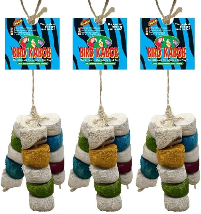 BIRD KABOB Chiquito - 3 Pack - an All-Natural, Holistic, Veterinarian Recommended, Earth Friendly, shreddable Bird Toy Fashioned in a tri-pod Design with Colored Yucca Chunks