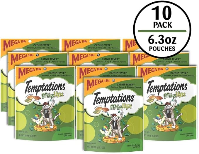 Temptations Cat Treats, Classic Crunchy and Soft Cat Treats, Catnip Fever Flavor, Catnip Treats, 6.3 oz. Pouch (Pack of 10)