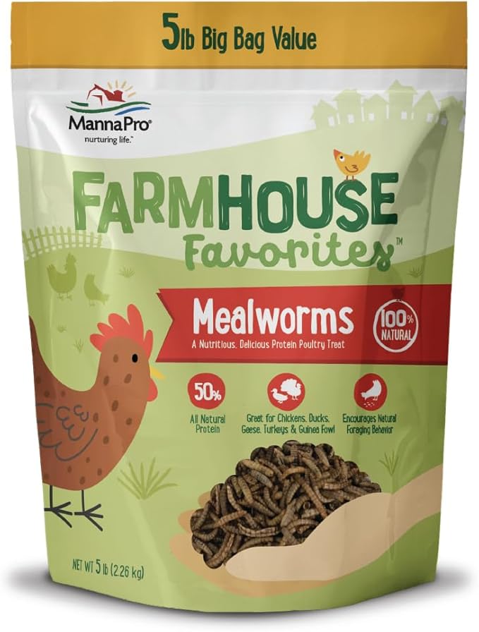 Farmhouse Favorites Dried Mealworms for Chickens, 5 lb, Chicken Treats, Meal Worm, 100% Natural Bird Food for Hens, Turkeys, Geese, Guinea Fowl, Duck Food, Poultry Scratch, Meal Worms for Wild Birds