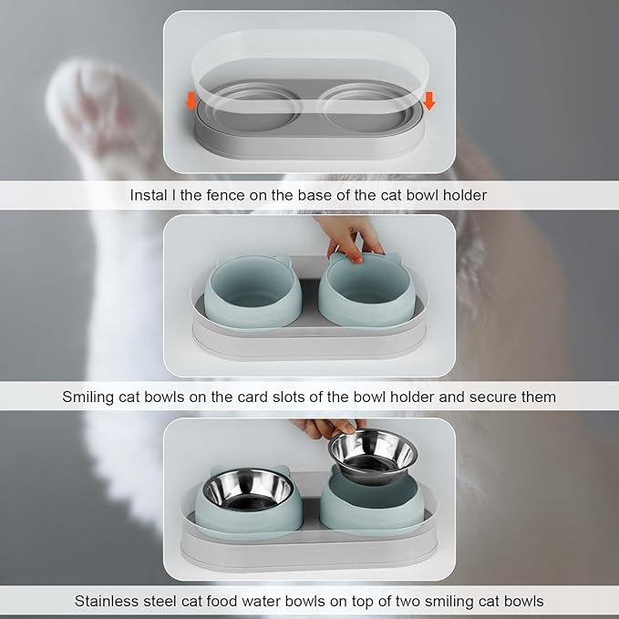 Elevated Raise Tilted Cat Food Bowls,with Stand Stainless Steel, Anti Vomiting, Double Cat Food and Water Bowl Set (Grayblue)