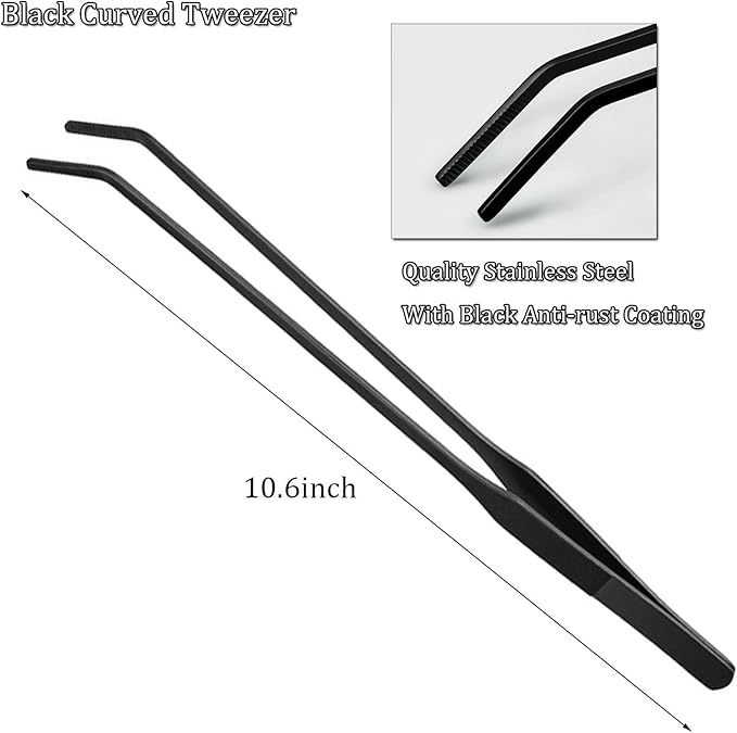 Black Aquarium Tweezers Set HRASY Stainless Steel Straight and Curved Tweezers Long Handle Reptile Feeding Tongs for Fish Tank Aquatic Plants, Pack of 2, 10.6 Inch