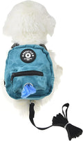 FLAdorepet Dog Backpack Harness with Leash, Dog Poop Bag Dispenser, Pet Self Carrier Adjustable Travel Hiking Walking Harness Backpack for Small Medium Dogs (L(Fit:10-15lb), Blue)
