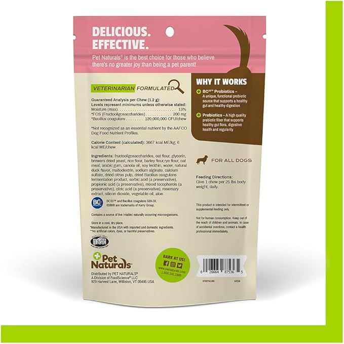 Pet Naturals Probiotics for Dogs – 60 Soft Chews, Dog Probiotic Chews for Digestive & Gut Health Support, 120M CFUs + Prebiotics, Immune Support for Occasional Upset Stomach, Duck Flavor, All Breeds